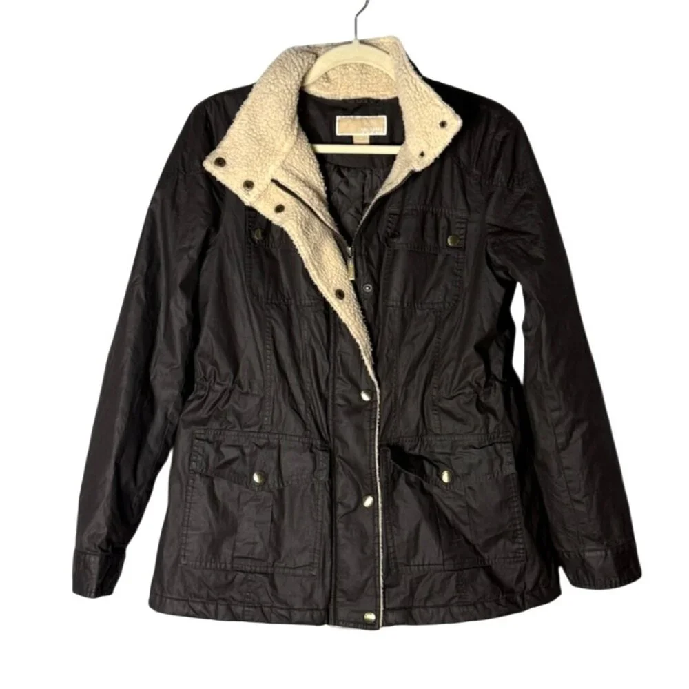 Michael Kors Womens Brown Quilted Jacket Fleece Edge Accent Hidden-Hood Size M - Picture 4 of 10